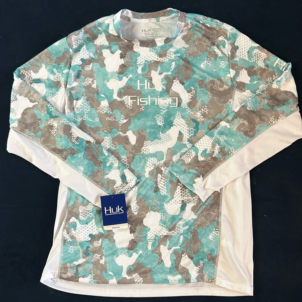 HUK Fishing Shirt White Camo (Aqua/Gray) for Men
